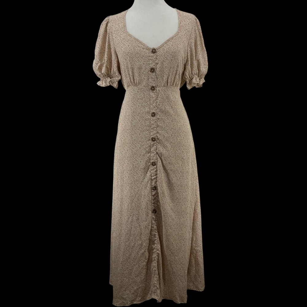 Sienna Sky Size Small Maxi Dress Tan Pebble Print Button Front Puff Sleeve Women
